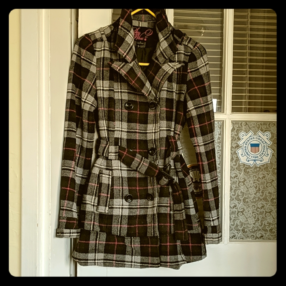 Double-breasted wool coat silver&black w/pink init